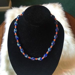 Handmade Glass Bead Necklace, Blue/Orange/Green, 21 inches,Statement Necklace